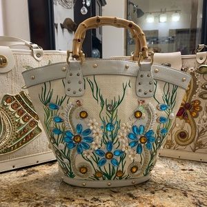 Elliott Lucca Vintage Bucket Bamboo Seahorse Jewel Handbag Purse Gorgeous Rare